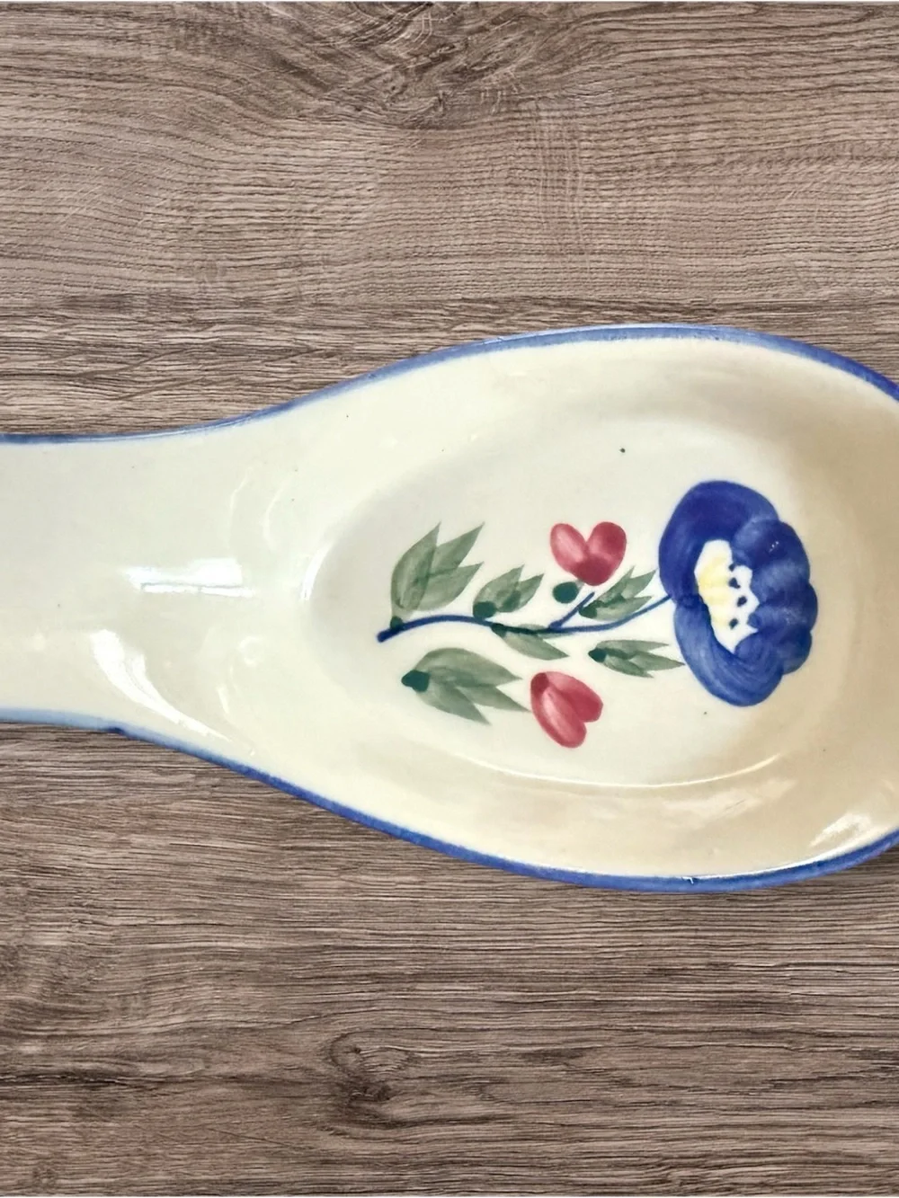 Ceramic Floral Spoon Rest Blue Poppy Hand Painted Vintage Style Kitchen Decor